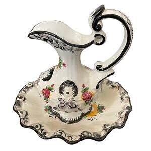 Vintage Portugal Pottery Pitcher & Bowl Plate Vestal Alcobaca Hand Painted READ